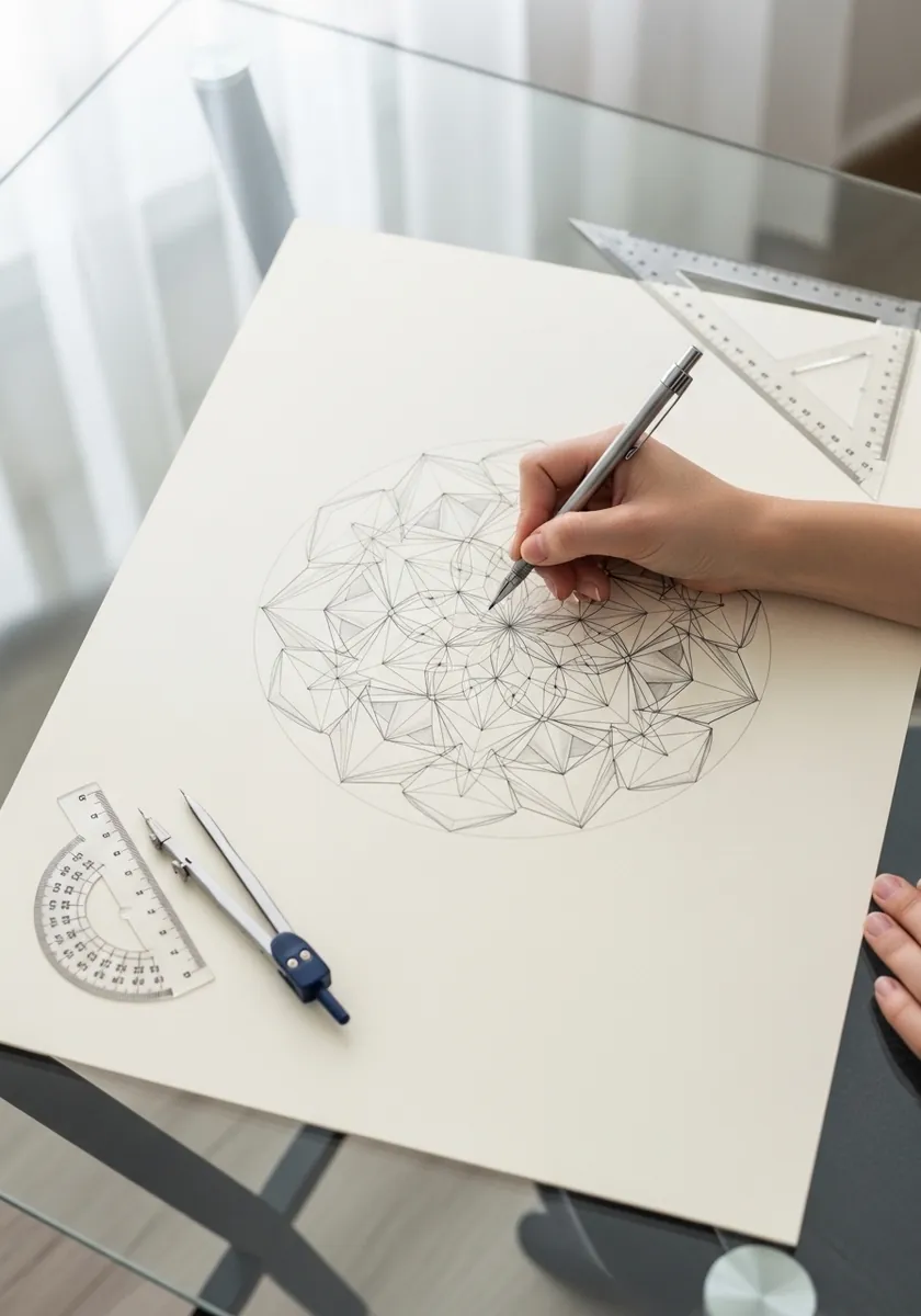 Fine pencil geometric mandala drawn with a compass and protractor
