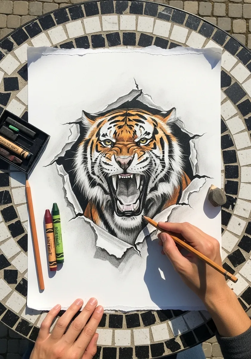 Colored pencil tiger roaring through a jagged tear in the paper