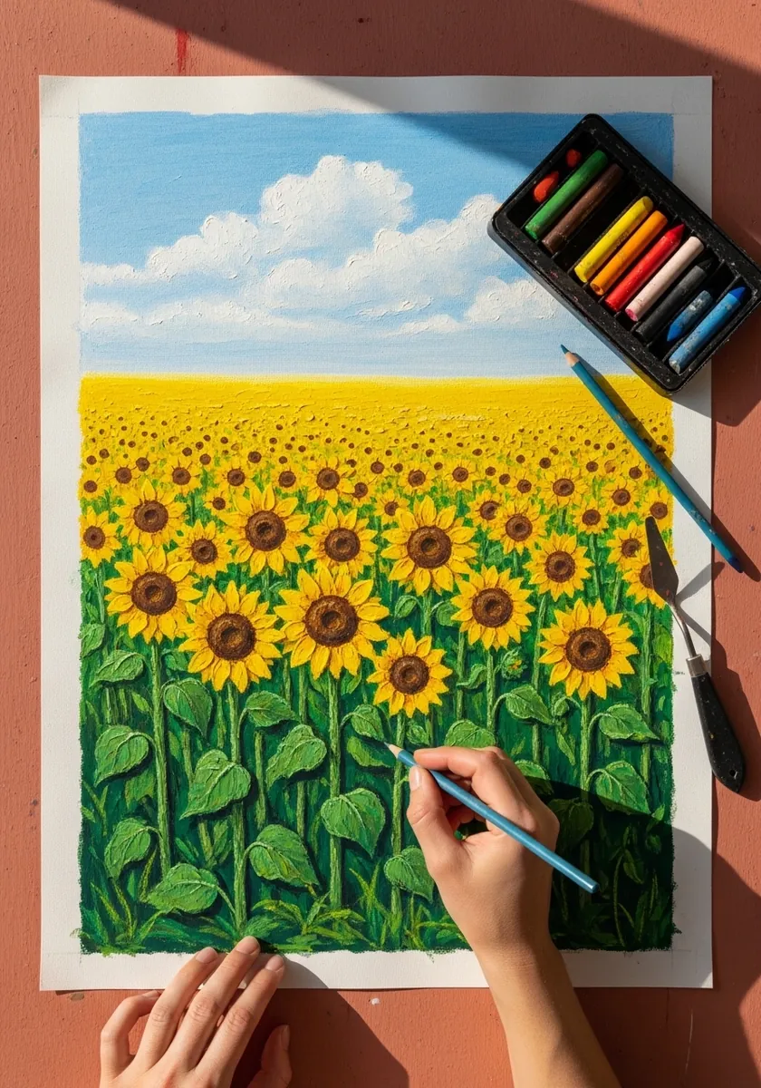 Oil pastel sunflower field under a blue sky with white clouds