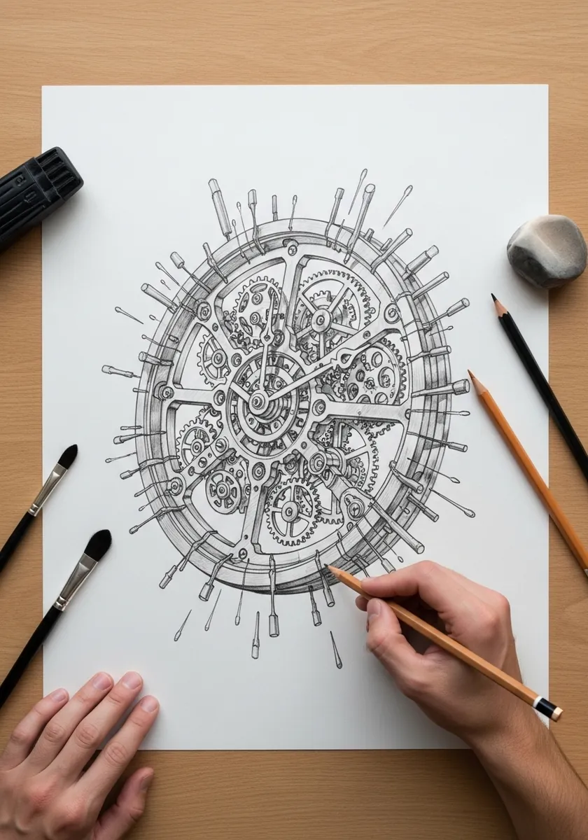 Fine pen drawing of interlocking clockwork gears arranged as a mandala