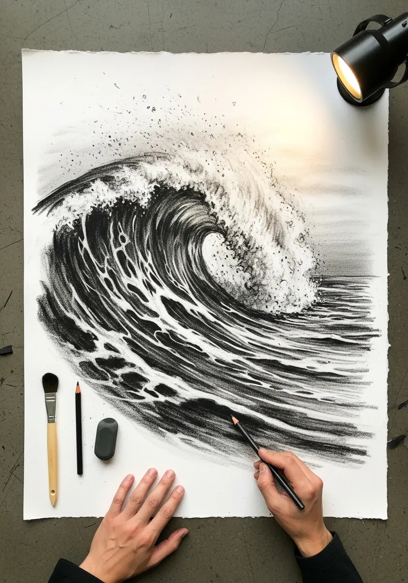 Charcoal drawing of a large breaking ocean wave with spray and foam