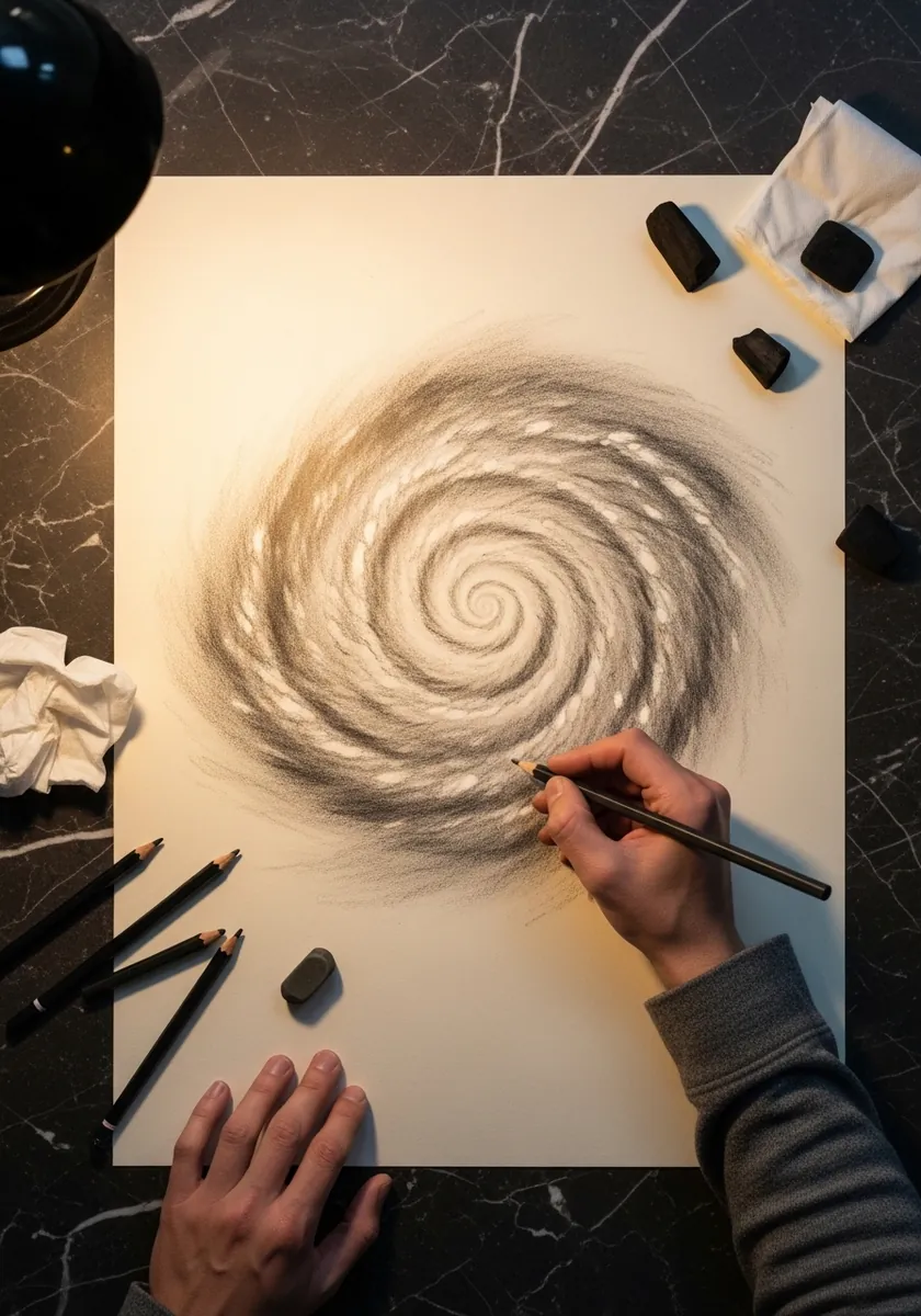 Charcoal drawing of a swirling spiral vortex on cream paper