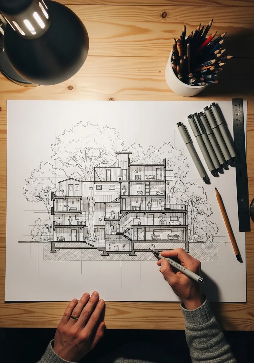 Fine pen cutaway section drawing of a multi storey house with rooms visible
