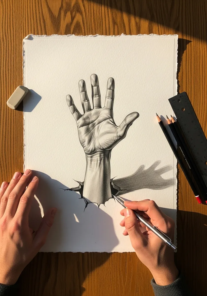 Graphite hand reaching up out of a torn hole in the sheet with a cast shadow