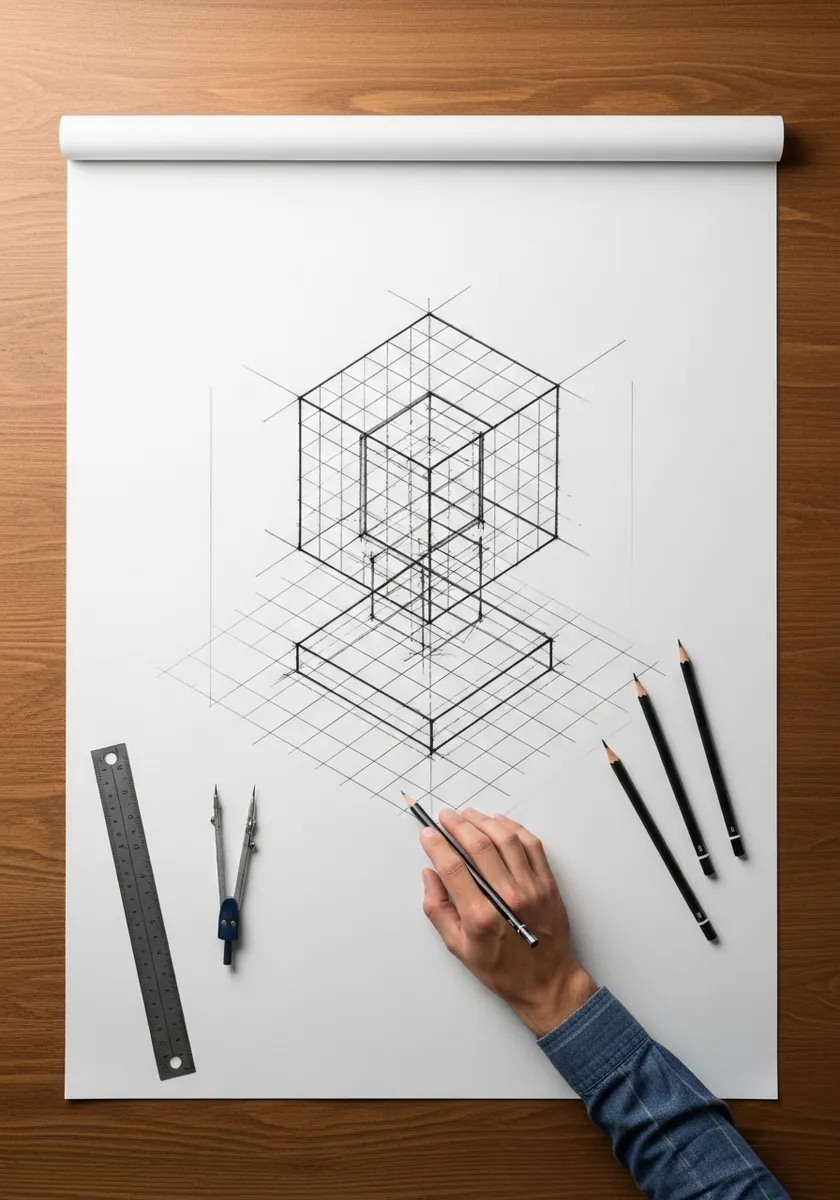 Pencil isometric cube drawn on a fine construction grid with a ruler