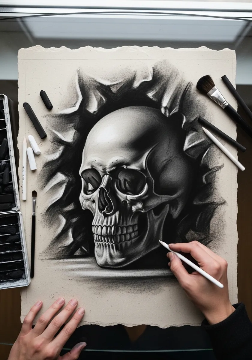 Charcoal skull pushing forward through a ragged tear in the paper