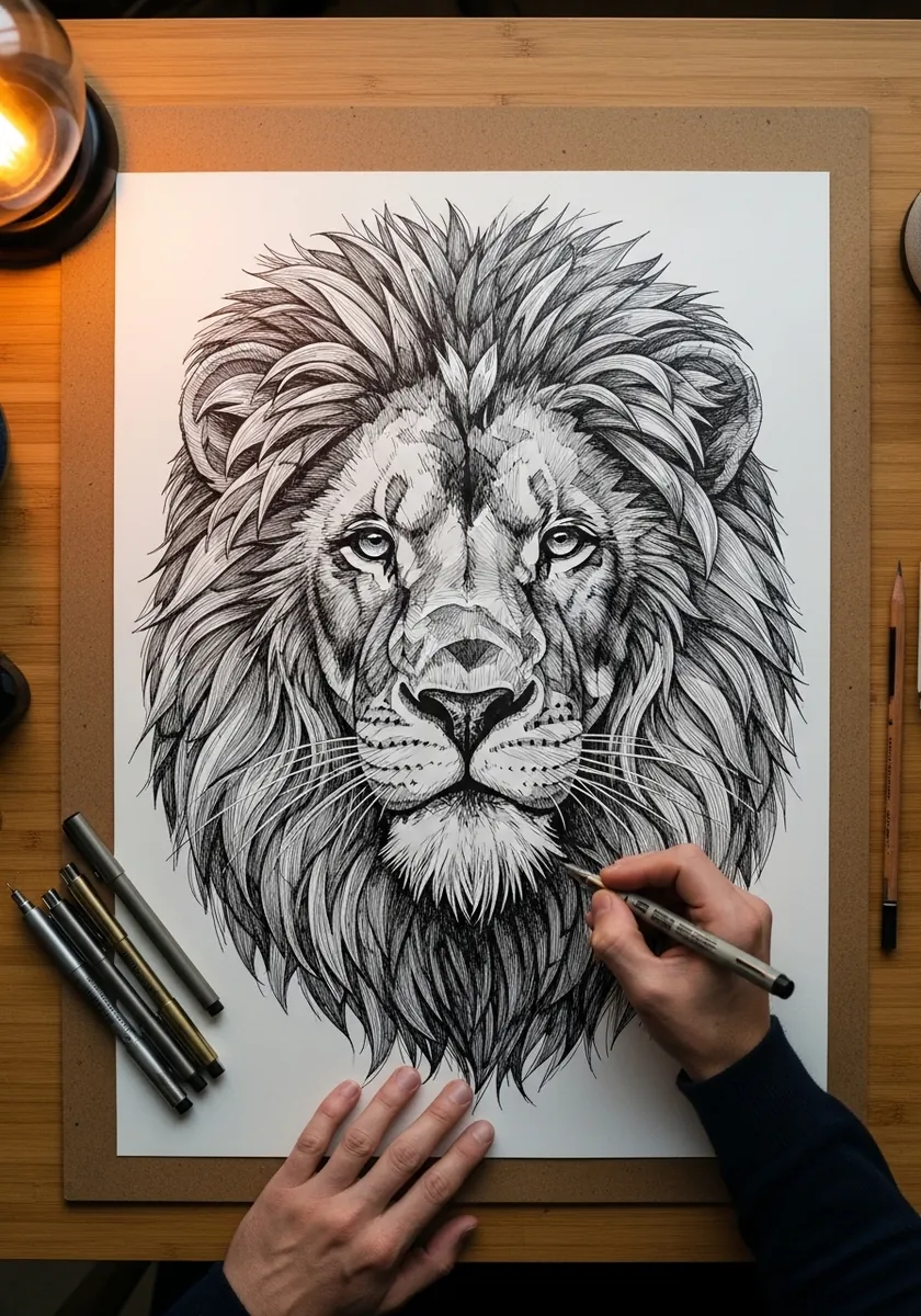 Detailed graphite lion head with a full flowing mane on white paper