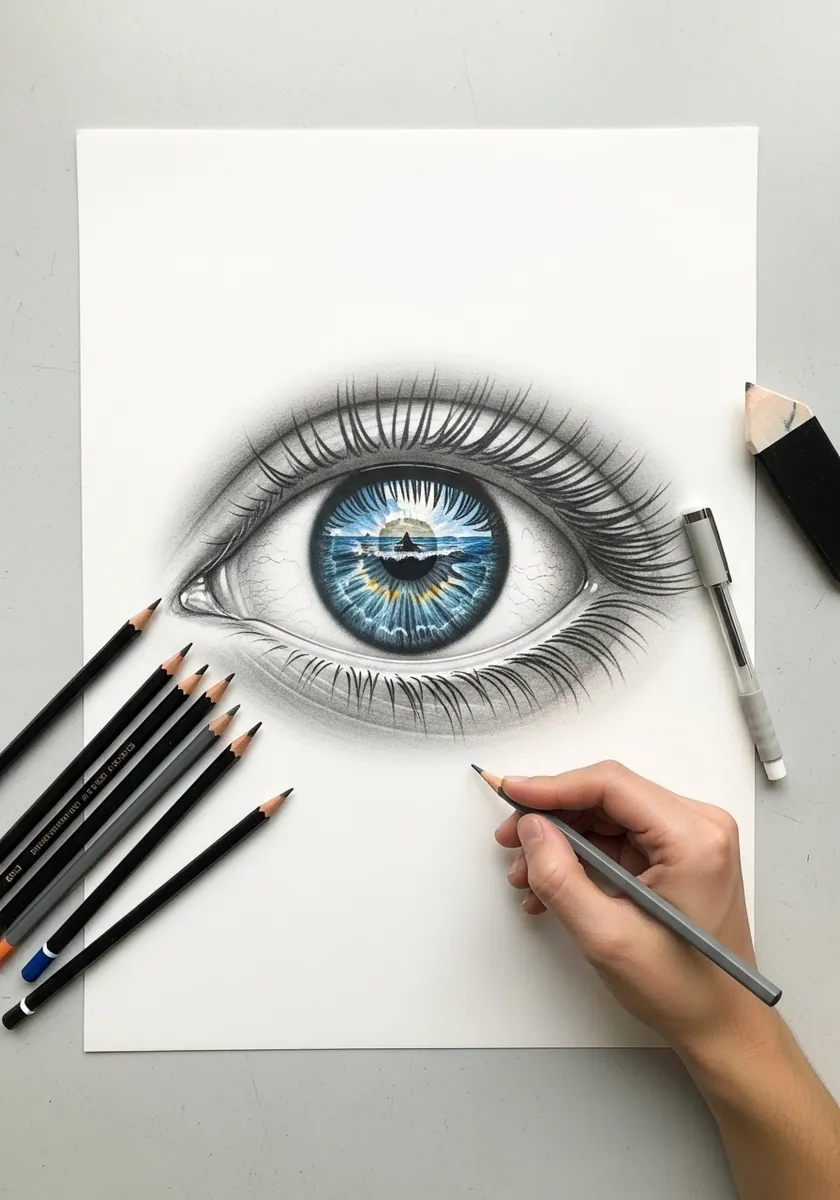 Graphite eye with a detailed blue iris reflecting a small scene