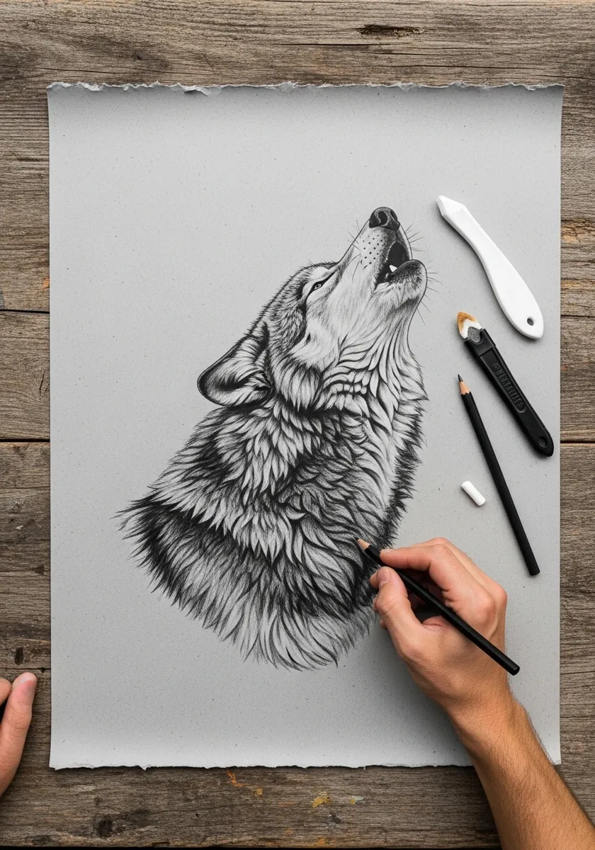 Graphite and white pencil wolf howling on gray toned paper