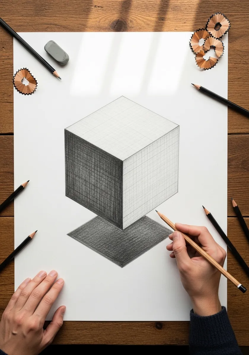 Pencil drawing of a shaded cube floating above its own cast shadow