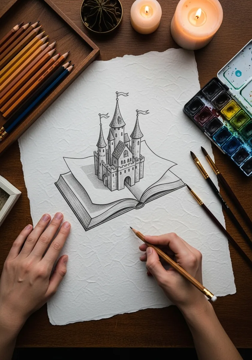 Fine line drawing of a small castle rising out of the pages of an open book