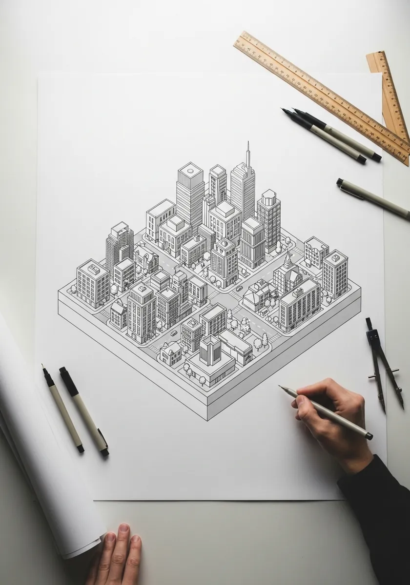 Isometric pencil drawing of a small city block on a raised square base