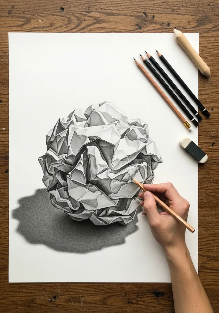 Graphite drawing of a crumpled ball of paper with a soft cast shadow