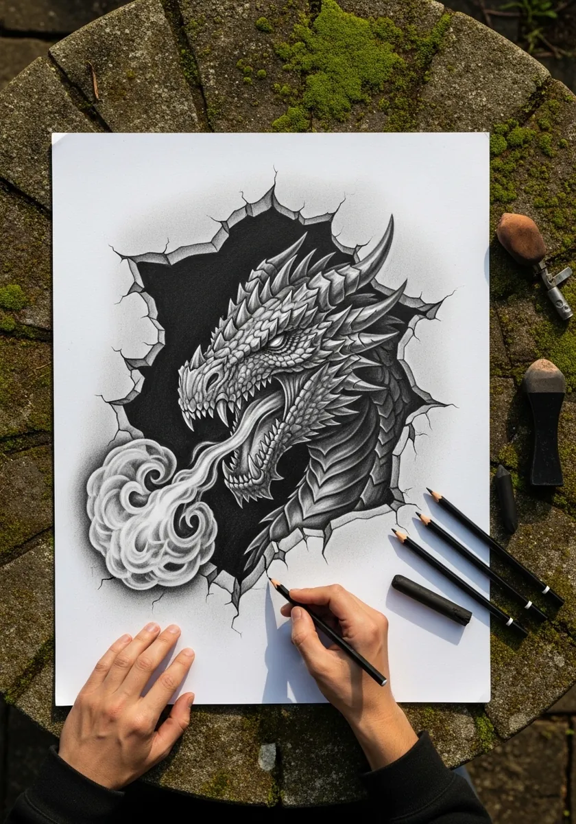 Pencil dragon head emerging from a cracked hole with smoke curling out