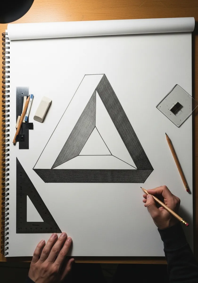 Pencil drawing of an impossible triangle with three flat shaded faces