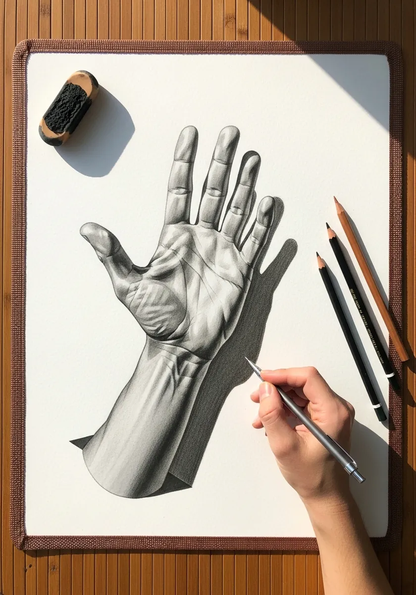Realistic graphite hand reaching up out of the paper with a long cast shadow