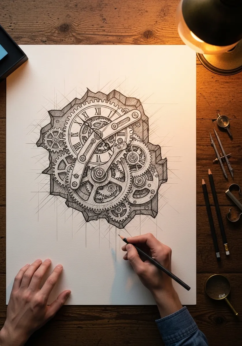 Fine pencil drawing of a clock face surrounded by interlocking gears