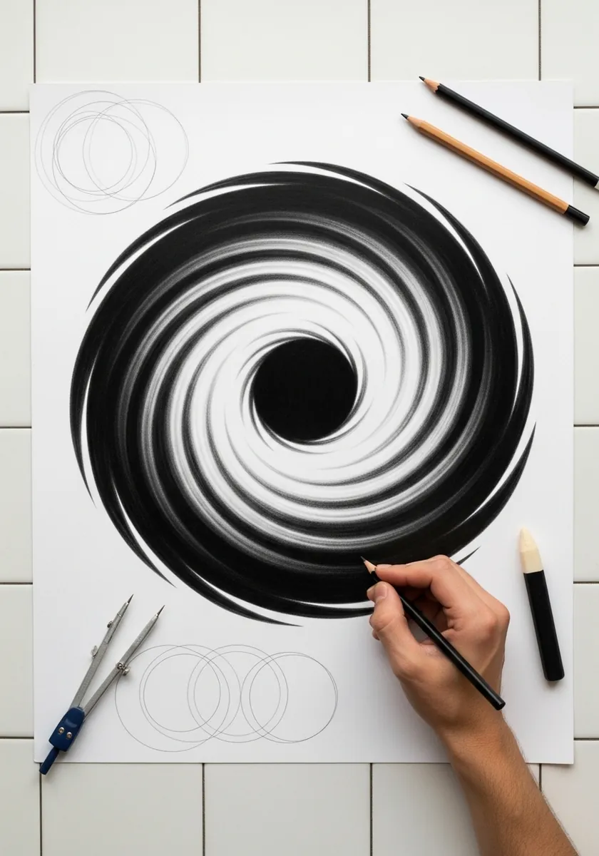 Bold black and white spiral vortex drawn with smooth graduated shading