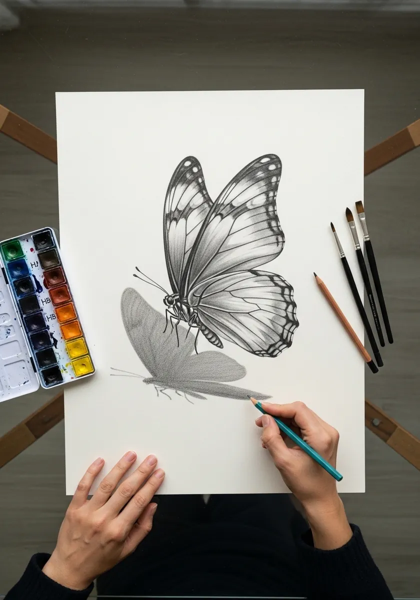 Graphite butterfly with detailed wings and a soft shadow beneath it