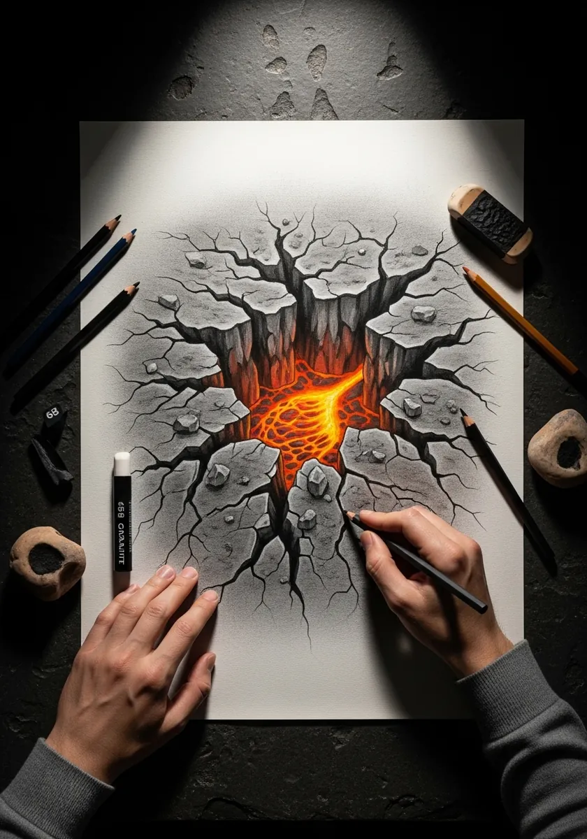 Pencil cracked earth with orange lava glowing inside the fissures