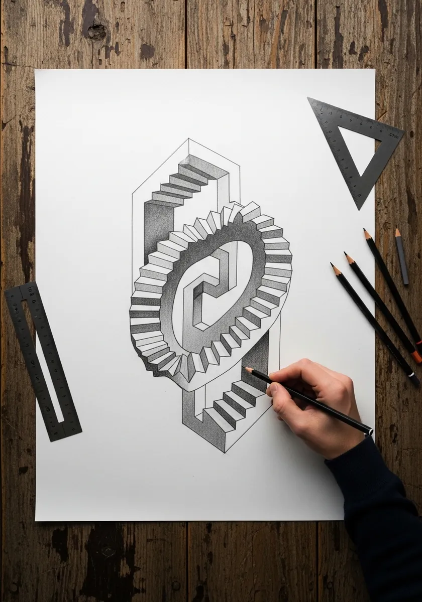 Pencil drawing of interlocking staircases forming an impossible spiral structure