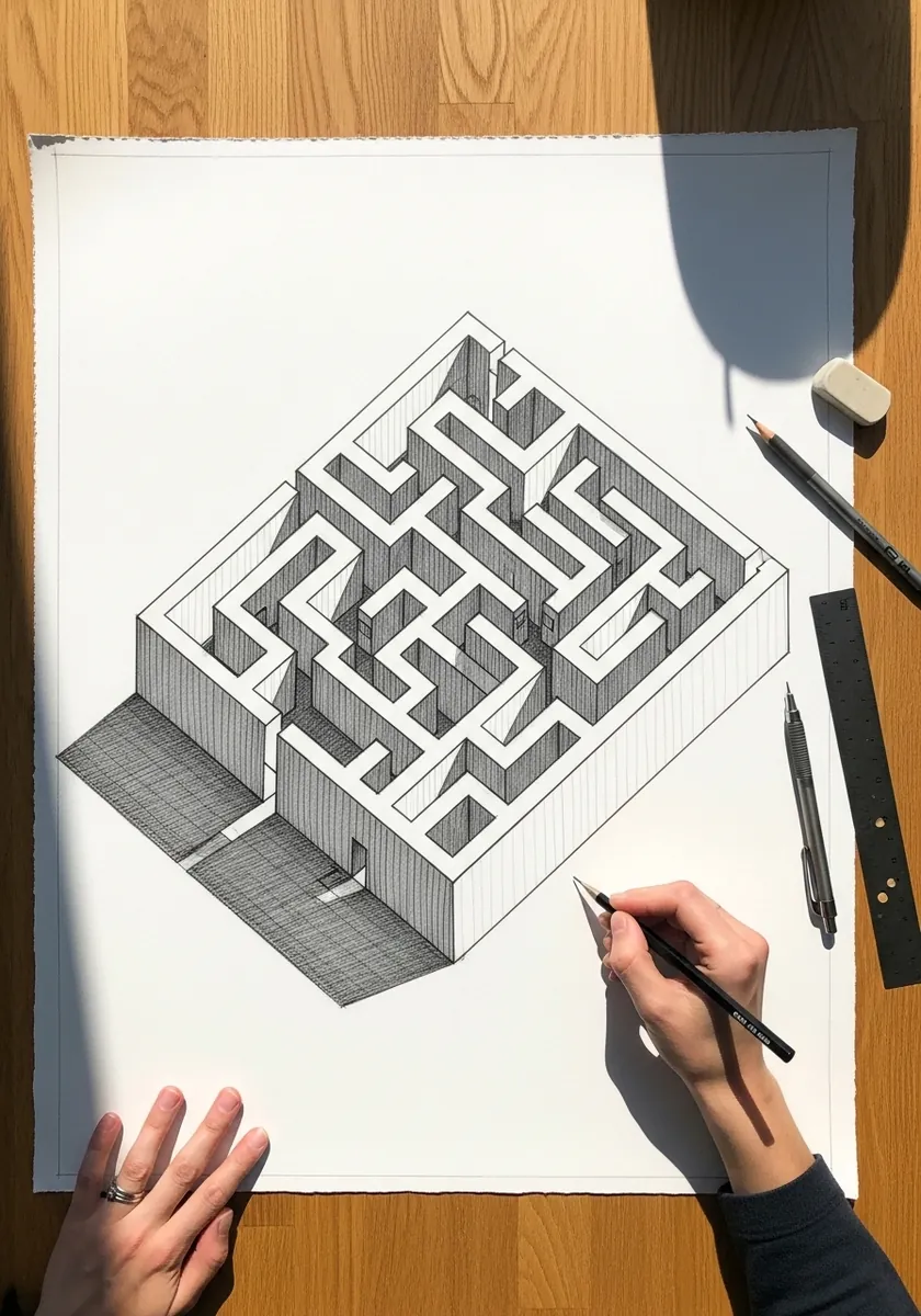 Isometric pencil drawing of a raised maze with walls casting shadows