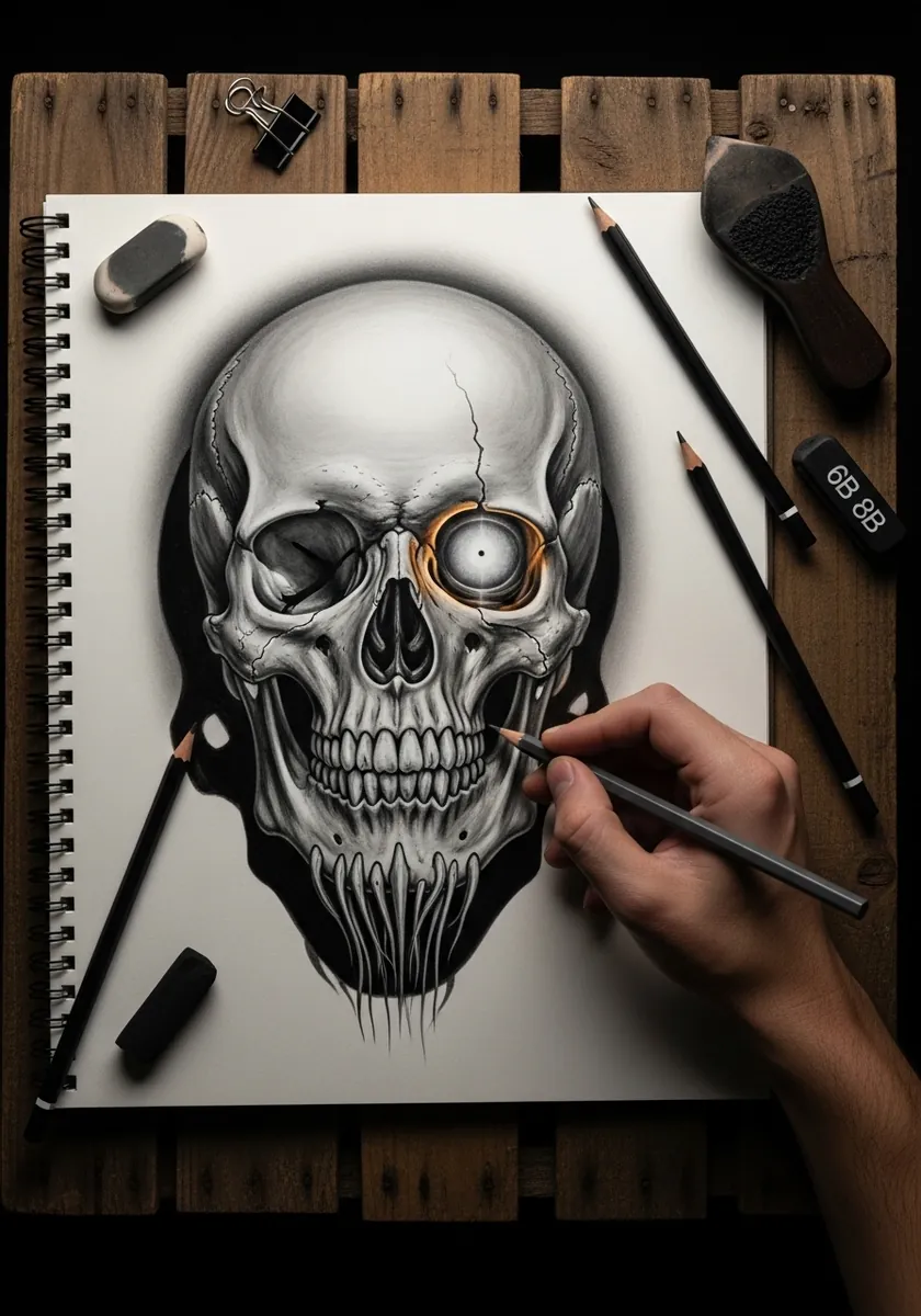 Graphite skull wearing a monocle with dark drips running from the jaw