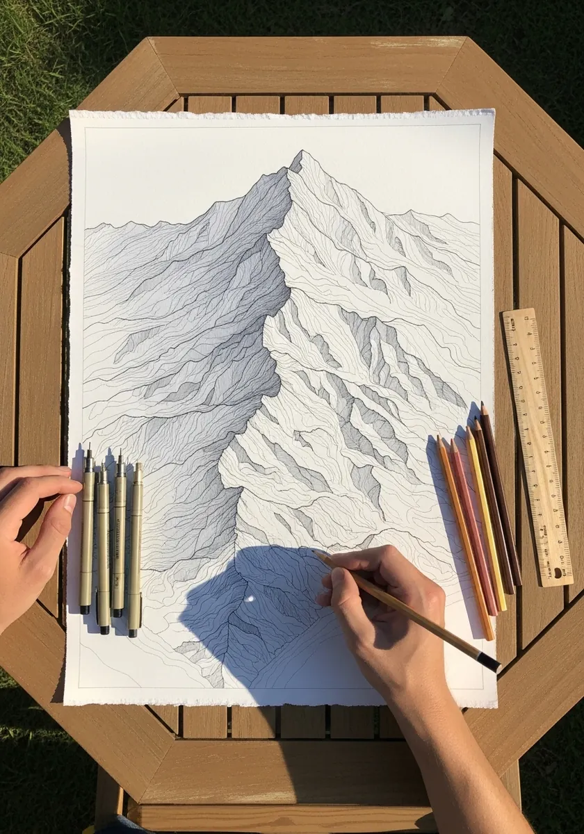 Fine line contour drawing of a mountain range built from stacked lines