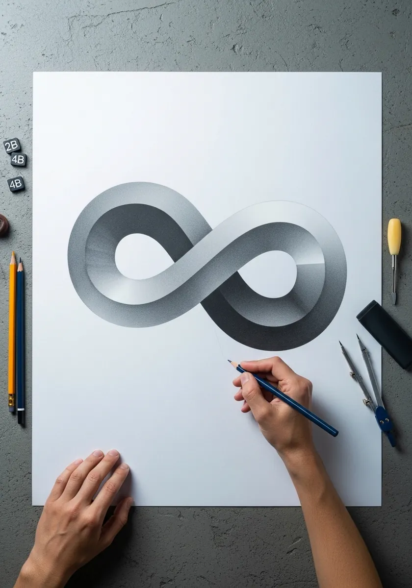 Pencil infinity symbol shaded with smooth metallic gradients