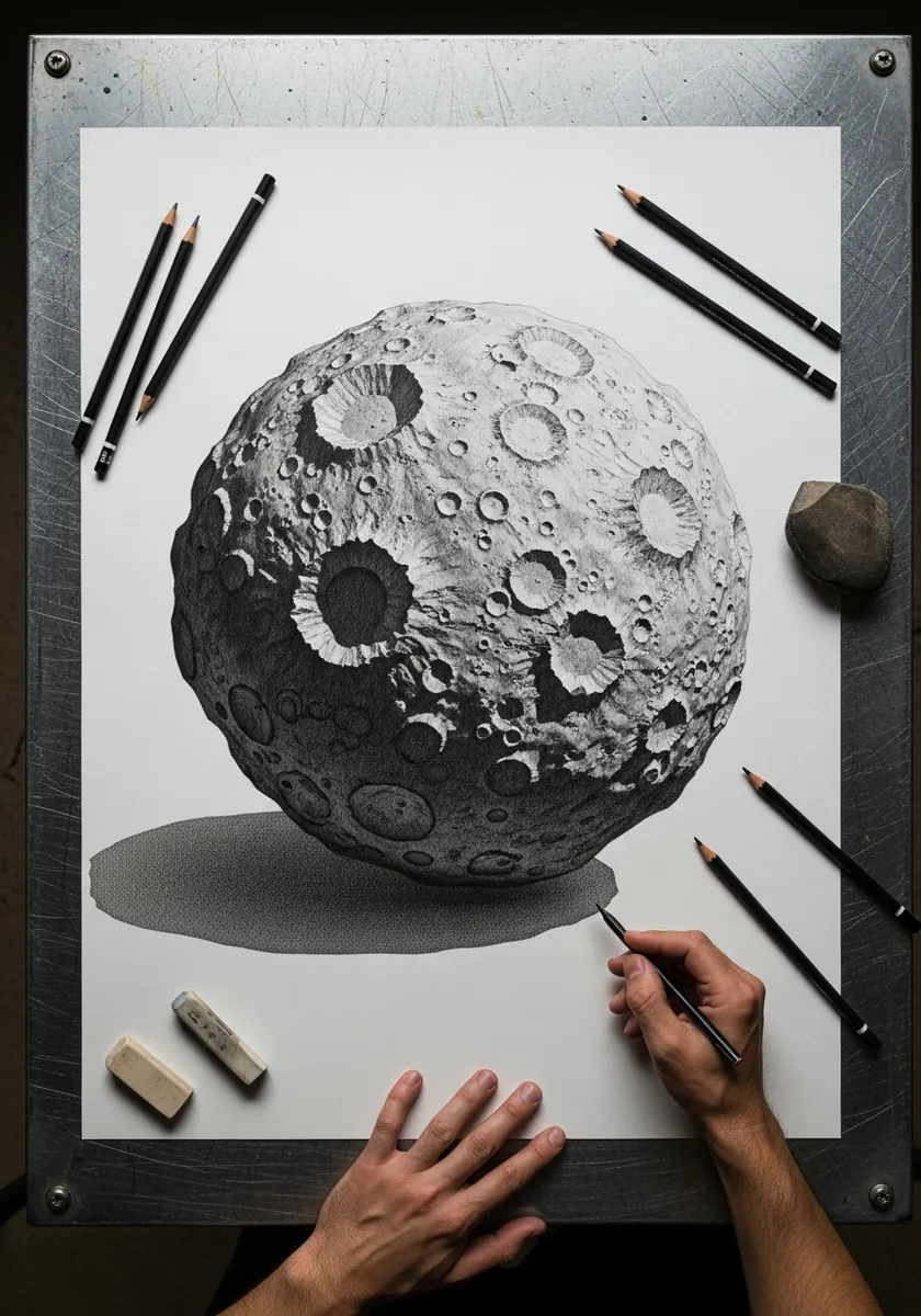 Detailed graphite moon with craters and a soft shadow beneath it