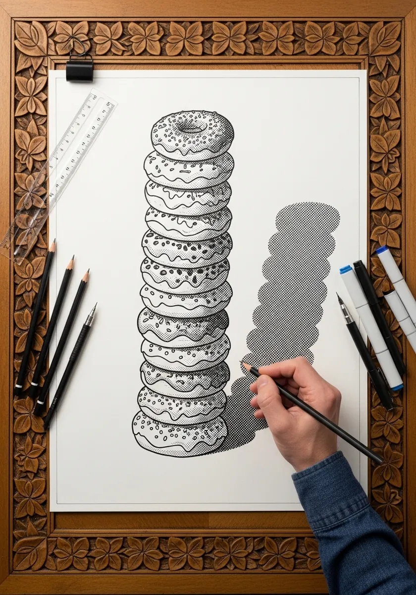 Ink drawing of a tall stack of donuts with a dotted halftone shadow