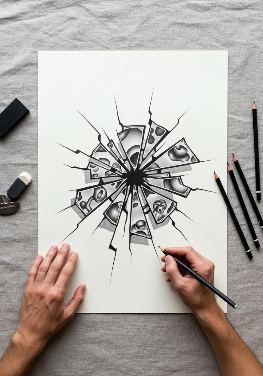 Pencil drawing of shattered glass with cracks radiating from a central hole