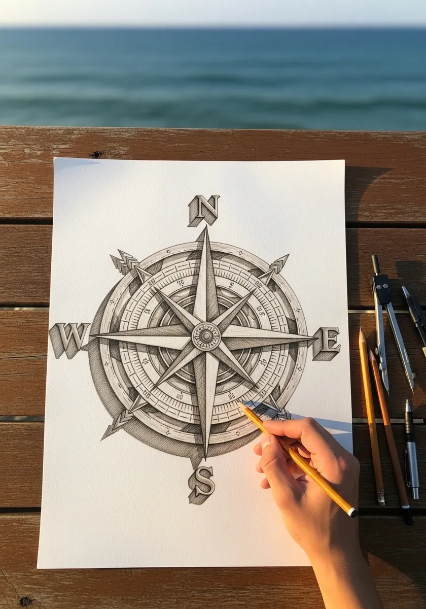 Fine pencil compass rose with cardinal points and decorative rings