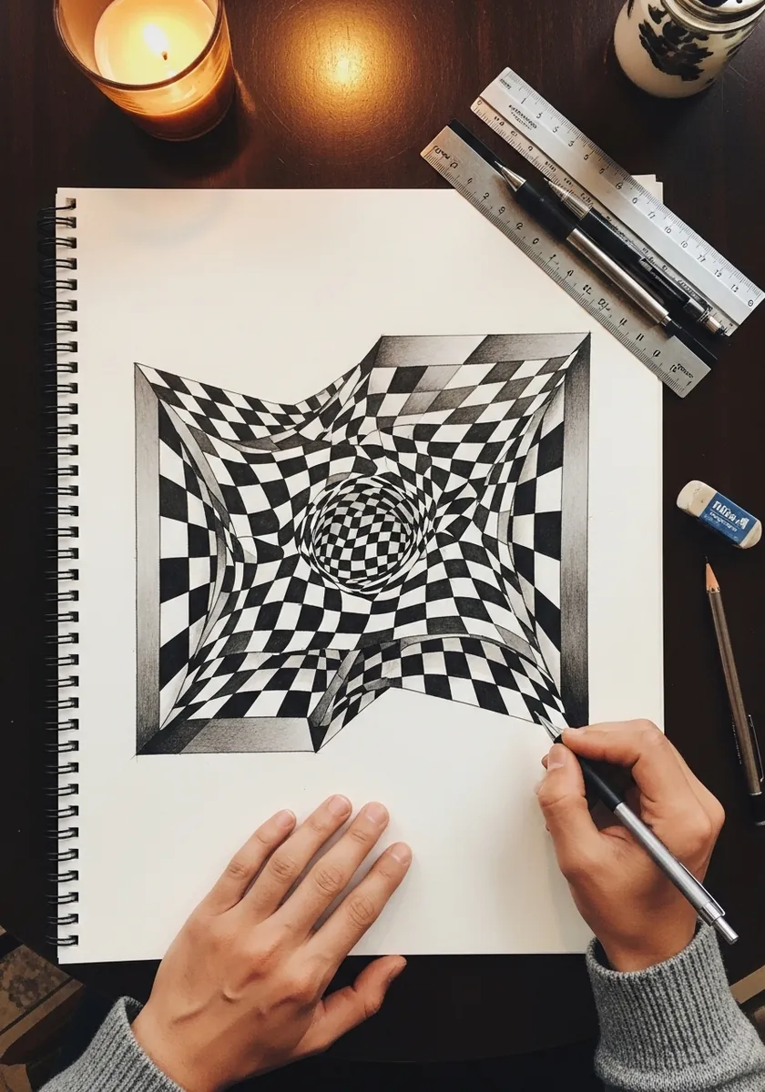 Op art pencil drawing of a checkerboard grid warping into a deep hole