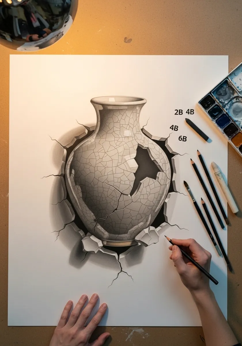 Pencil drawing of a cracked ceramic vase pushing out of a broken wall