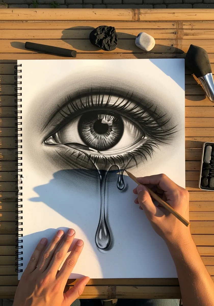 Graphite eye with a large teardrop hanging below the paper edge