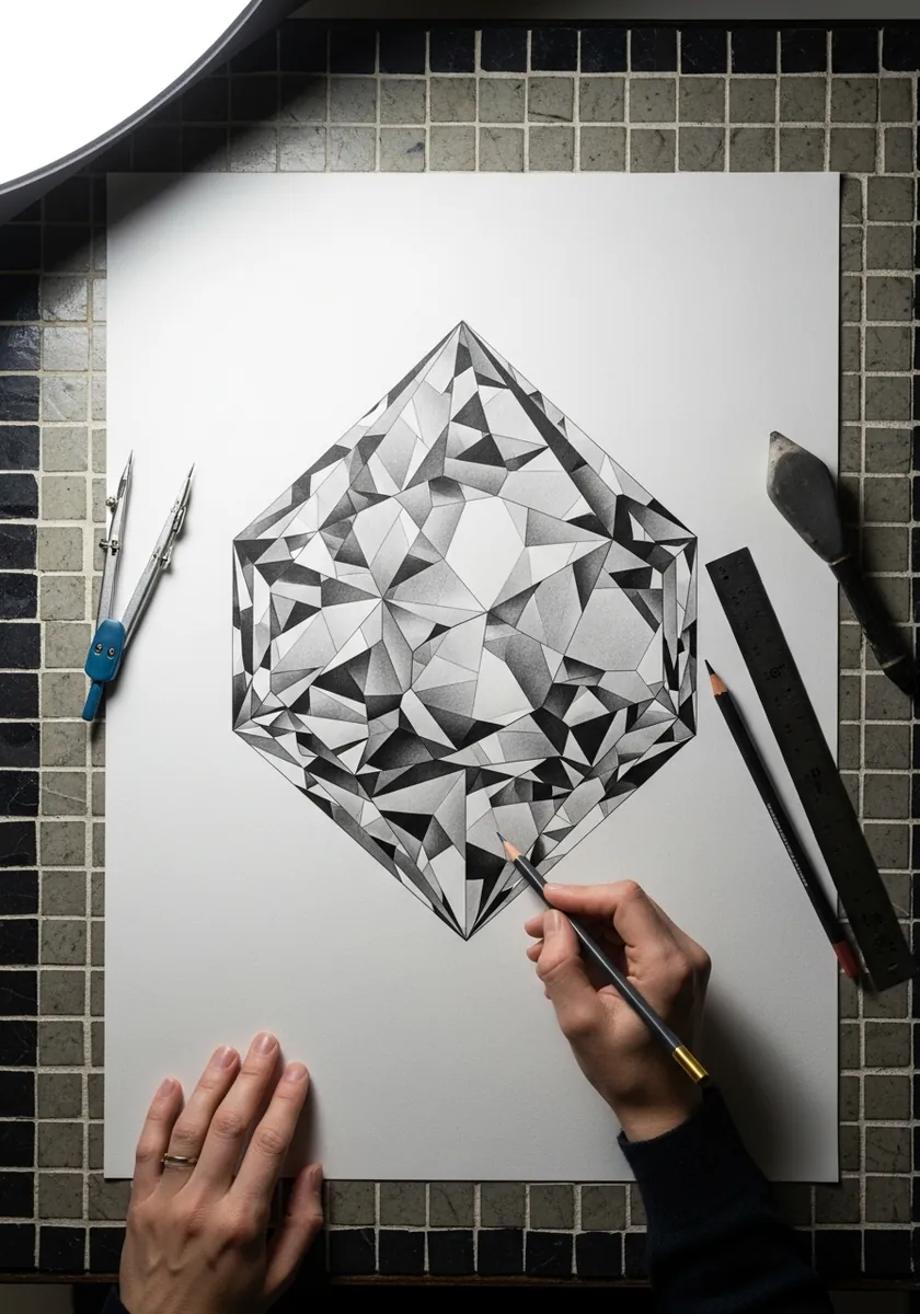 Pencil drawing of a large faceted diamond with sharp light and dark facets