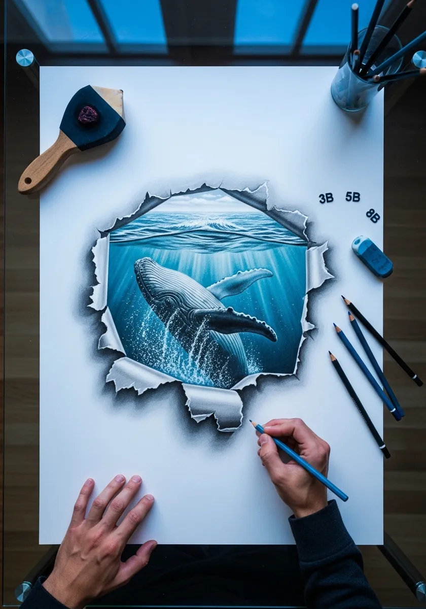 Blue pencil drawing of a whale swimming seen through a torn hole in the paper