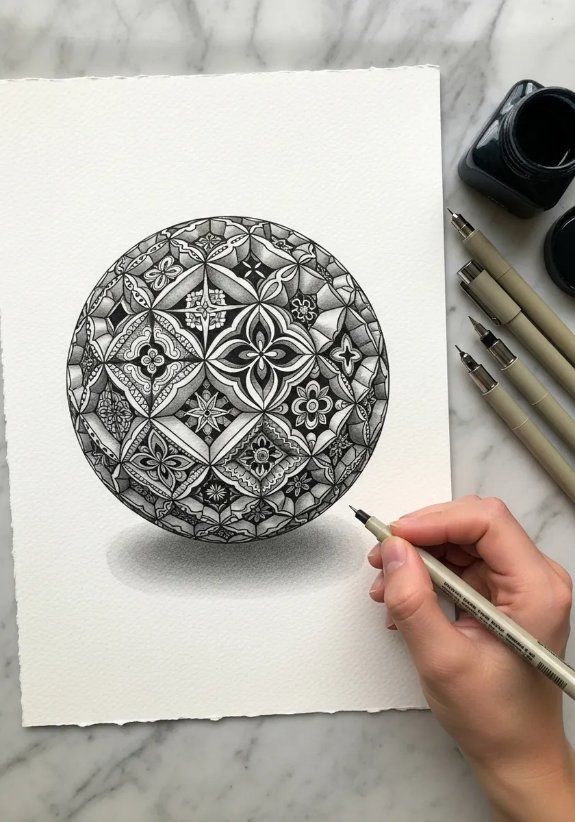 Fine ink sphere covered in intricate geometric patterns with a soft shadow