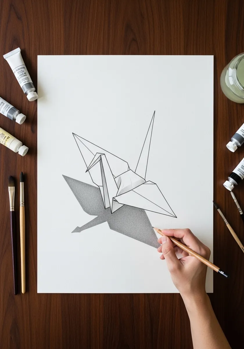 Minimal line drawing of an origami paper crane with a flat cast shadow