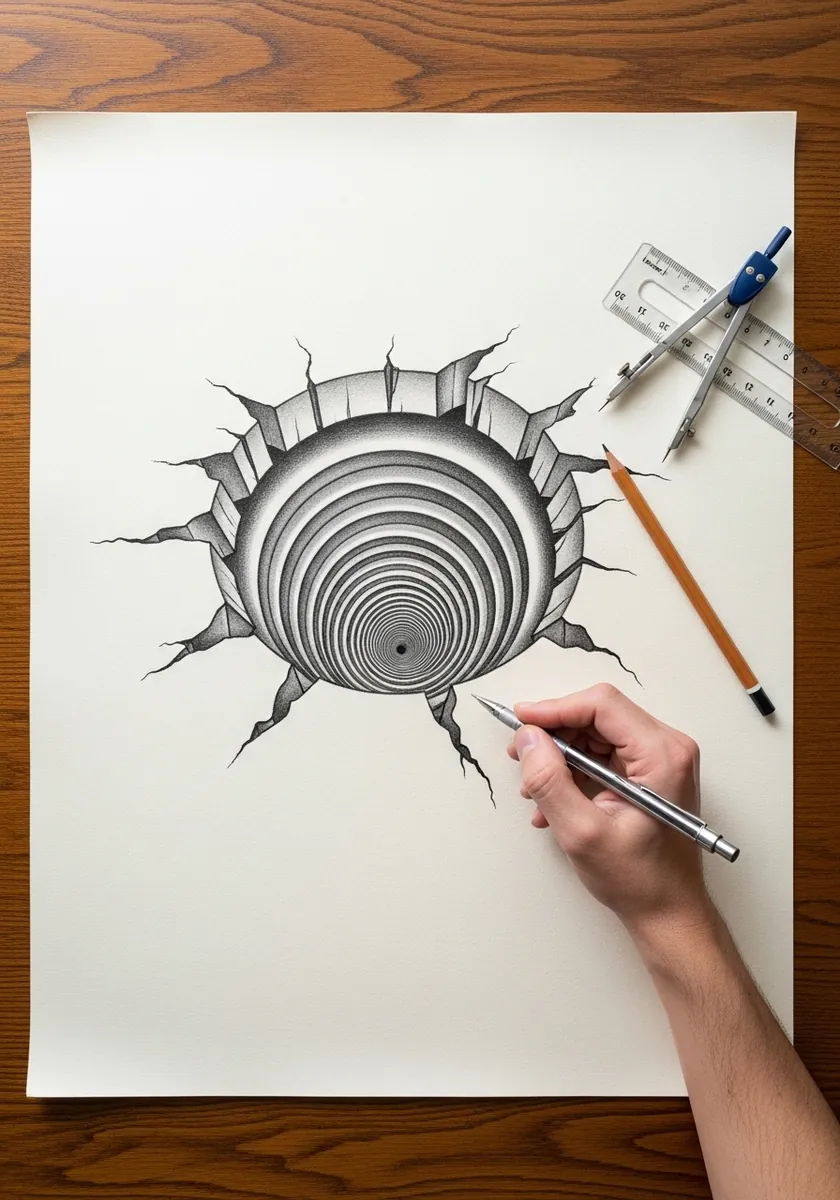 Pencil drawing of concentric rings descending into a cracked hole in the paper