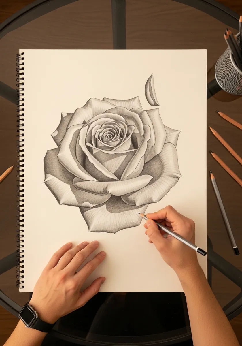 Detailed graphite rose with layered petals and soft tonal shading