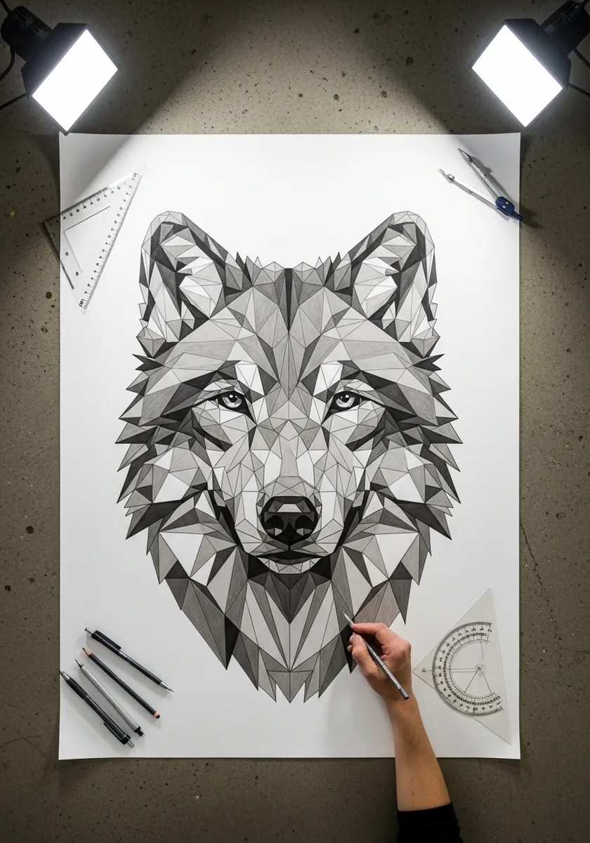 Low poly wolf head built from gray triangular facets in pencil