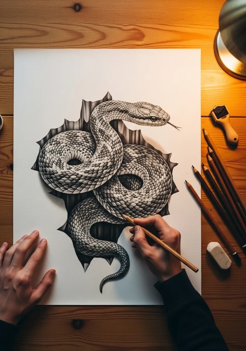 Pencil snake with detailed scales coiling out of a torn hole in the paper