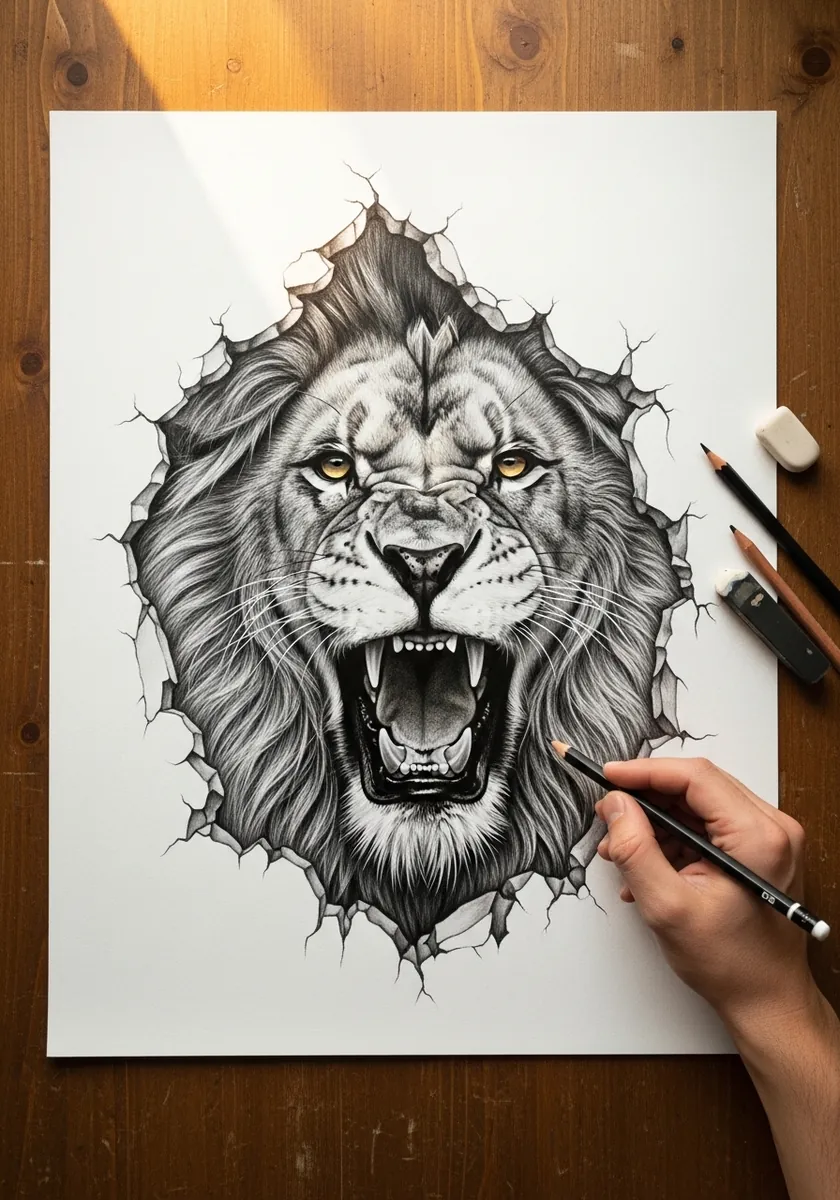 Pencil drawing of a roaring lion bursting through a torn hole in white paper