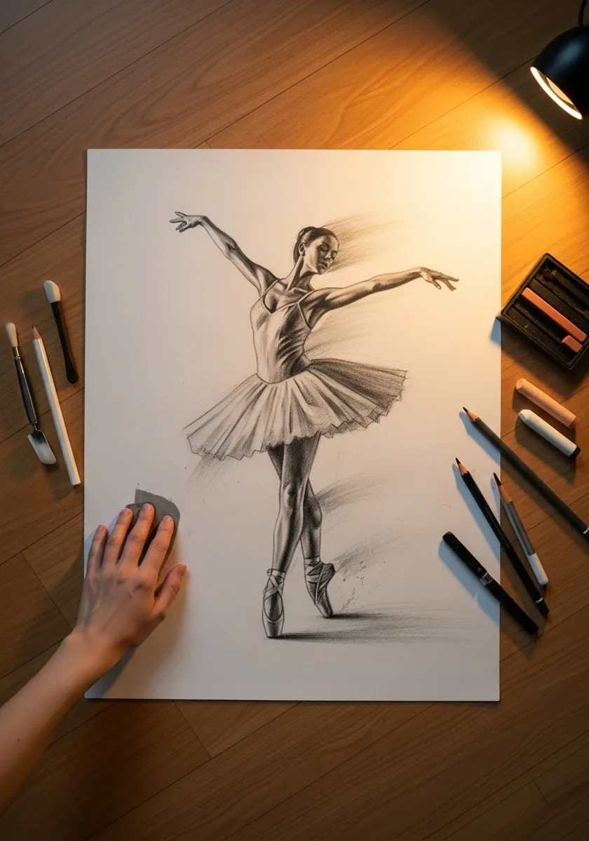 Charcoal ballerina balanced on point with arms extended and a soft shadow