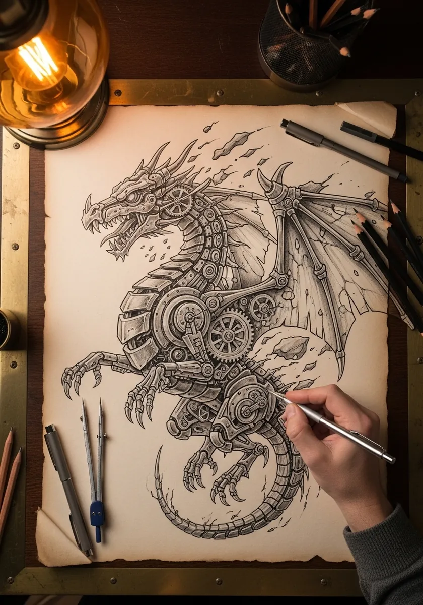 Fine ink steampunk dragon built from gears pistons and metal plates