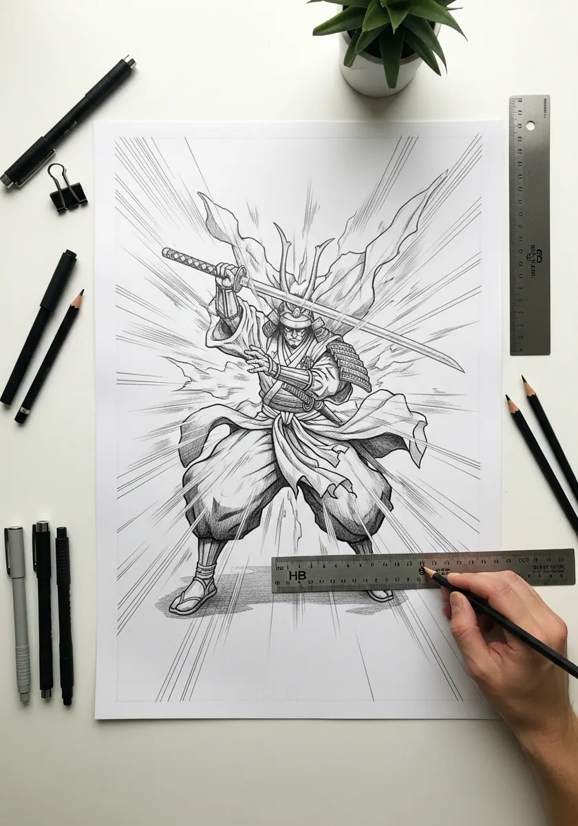 Manga style samurai swinging a katana surrounded by radiating speed lines