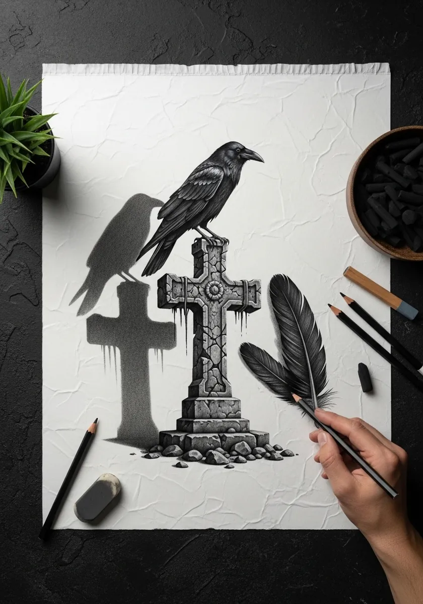 Graphite raven perched on a weathered stone cross with a long cast shadow
