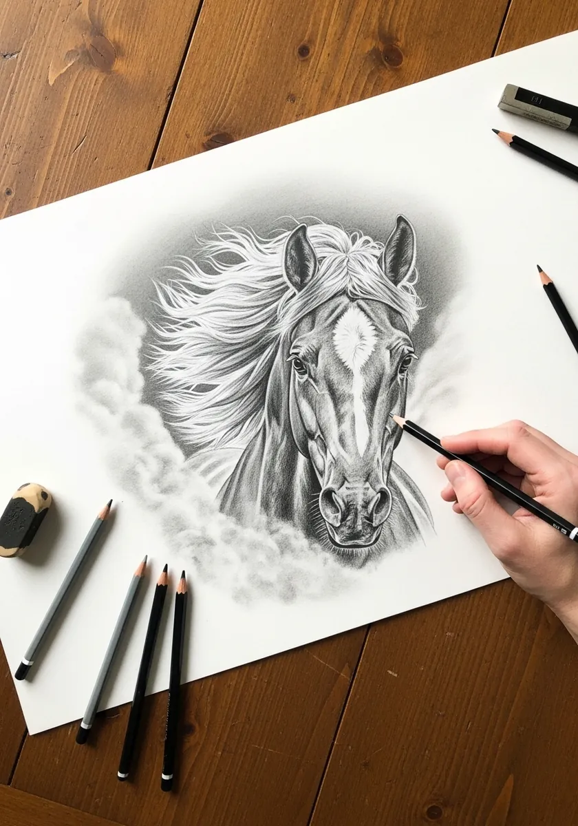 Graphite horse head with a flowing mane emerging from soft smoky mist